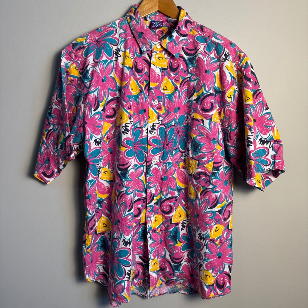 Pro Spirit Mens Vintage Floral Print Short Sleeve Button Up Shirt Large Colorful